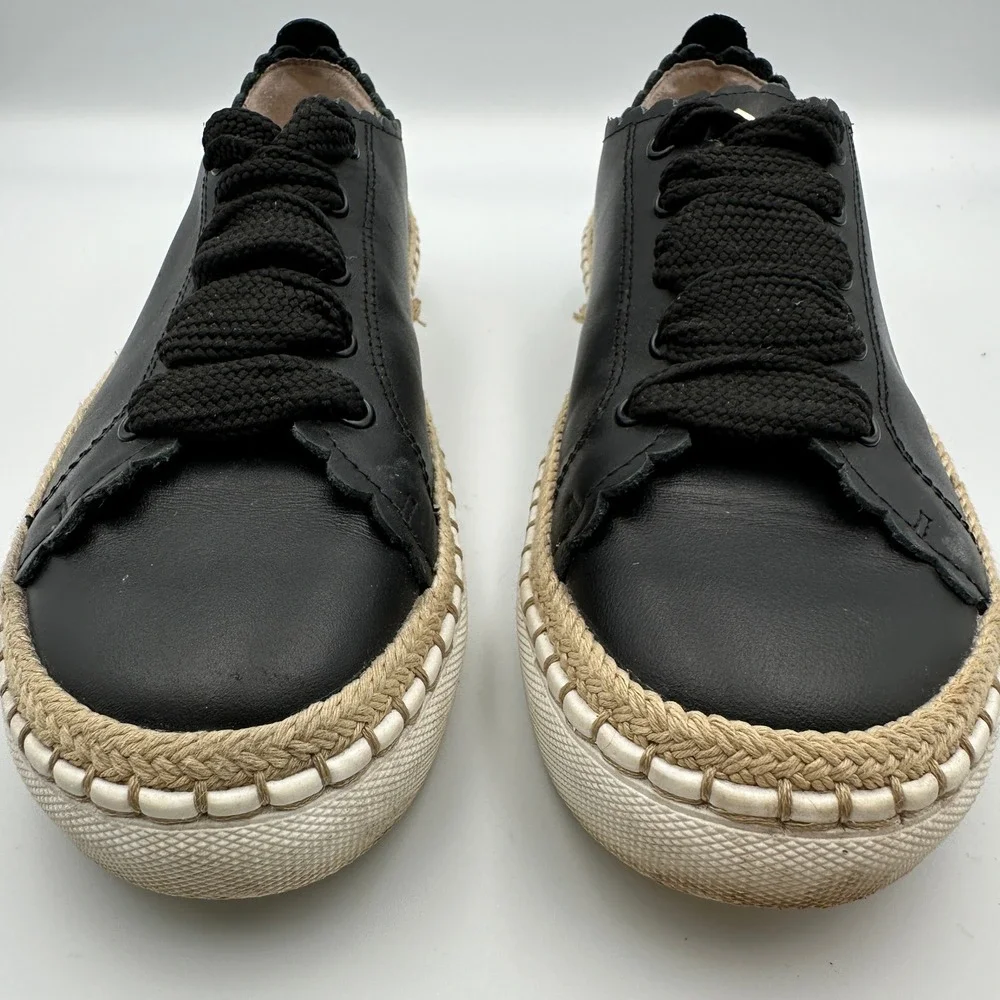 Kate Spade New York Lena Black Leather Sneakers Chunky Laces Scalloped Chic Sz 5